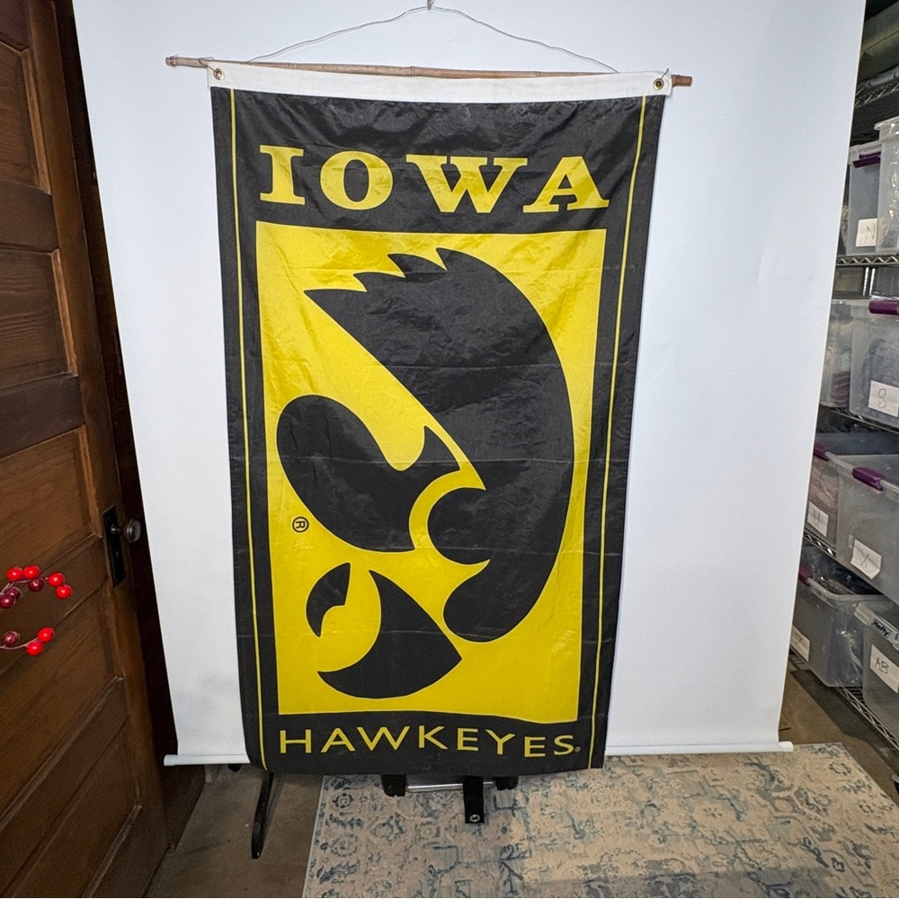 Large Vintage University of Iowa Hawkeyes Flag Black Yellow Wall Decor